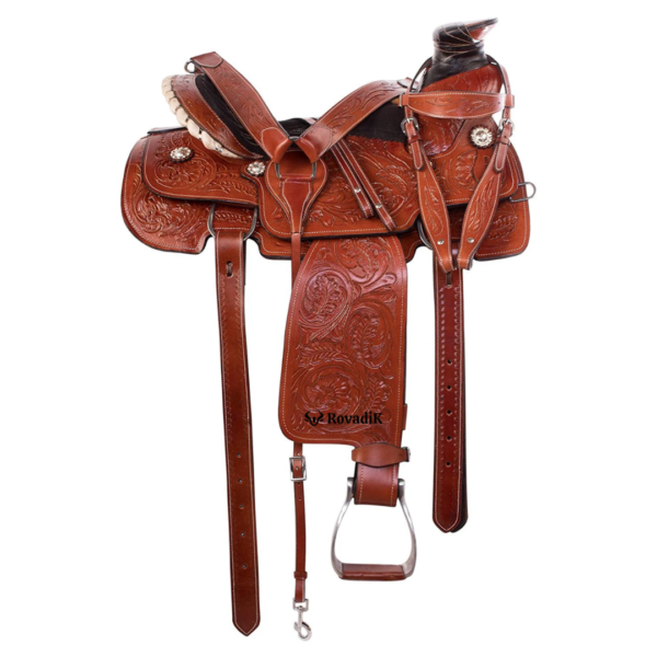 Rovadik Handmade Western Show Saddle Set – Tooled Leather Horse Saddle with Matching Headstall, Breast Collar & Reins – Comfortable Trail & Show Riding