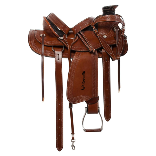 Rovadik Handmade Western Show Saddle Set – Tooled Leather Horse Saddle with Matching Headstall, Breast Collar & Reins – Comfortable Trail & Show Riding