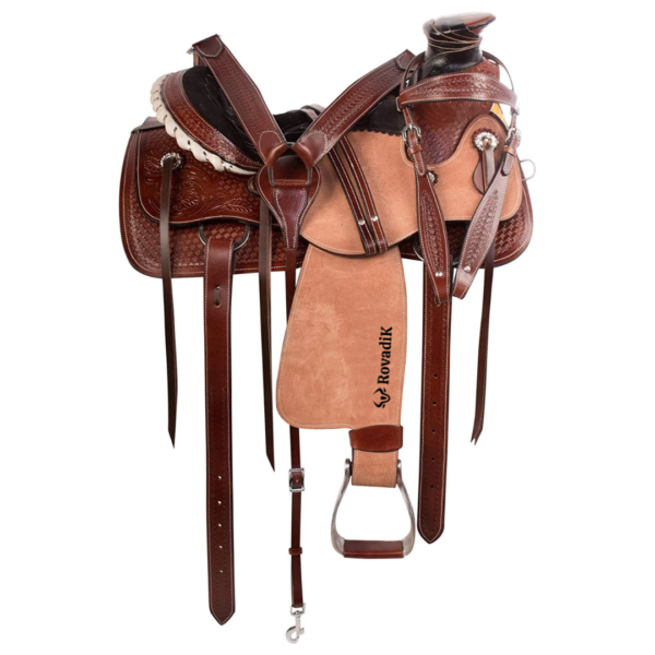 Rovadik Handmade Western Show Saddle Set – Tooled Leather Horse Saddle with Matching Headstall, Breast Collar & Reins – Comfortable Trail & Show Riding
