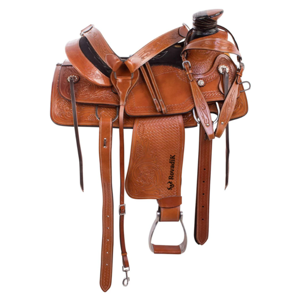 Rovadik Handmade Western Show Saddle Set – Tooled Leather Horse Saddle with Matching Headstall, Breast Collar & Reins – Comfortable Trail & Show Riding