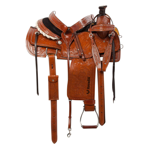 Rovadik Handmade Western Show Saddle Set – Tooled Leather Horse Saddle with Matching Headstall, Breast Collar & Reins – Comfortable Trail & Show Riding