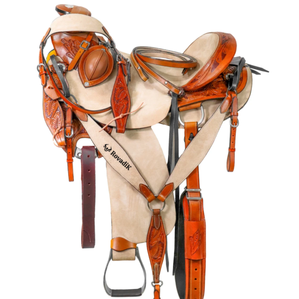 Rovadik Handmade Western Show Saddle Set – Tooled Leather Horse Saddle with Matching Headstall, Breast Collar & Reins – Comfortable Trail & Show Riding