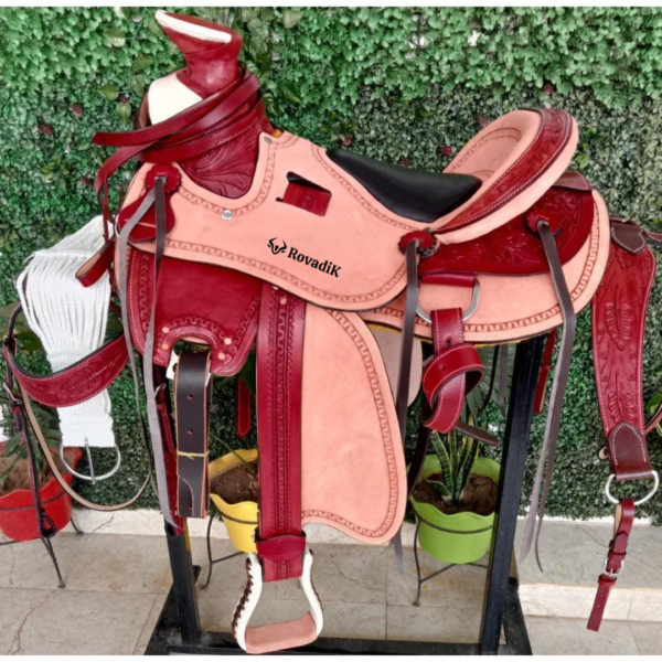 Rovadik Handmade Western Show Saddle Set – Tooled Leather Horse Saddle with Matching Headstall, Breast Collar & Reins – Comfortable Trail & Show Riding