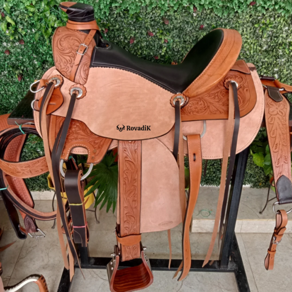 Rovadik Handmade Western Show Saddle Set – Tooled Leather Horse Saddle with Matching Headstall, Breast Collar & Reins – Comfortable Trail & Show Riding