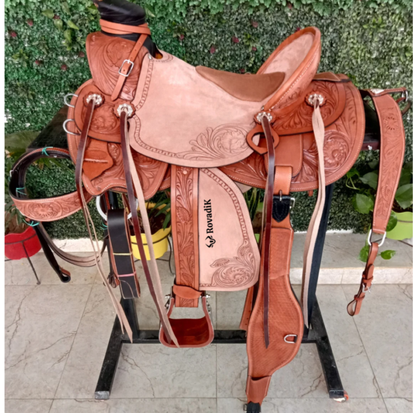 Rovadik Handmade Western Show Saddle Set – Tooled Leather Horse Saddle with Matching Headstall, Breast Collar & Reins – Comfortable Trail & Show Riding