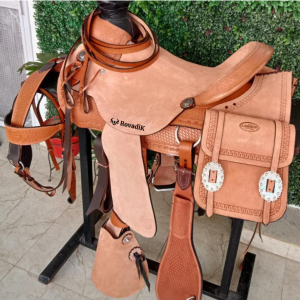 Rovadik Handmade Western Show Saddle Set – Tooled Leather Horse Saddle with Matching Headstall, Breast Collar & Reins – Comfortable Trail & Show Riding