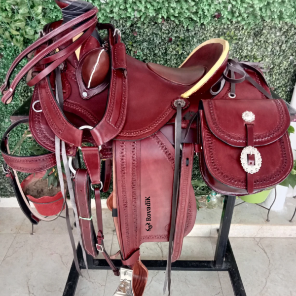Rovadik Handmade Western Show Saddle Set – Tooled Leather Horse Saddle with Matching Headstall, Breast Collar & Reins – Comfortable Trail & Show Riding