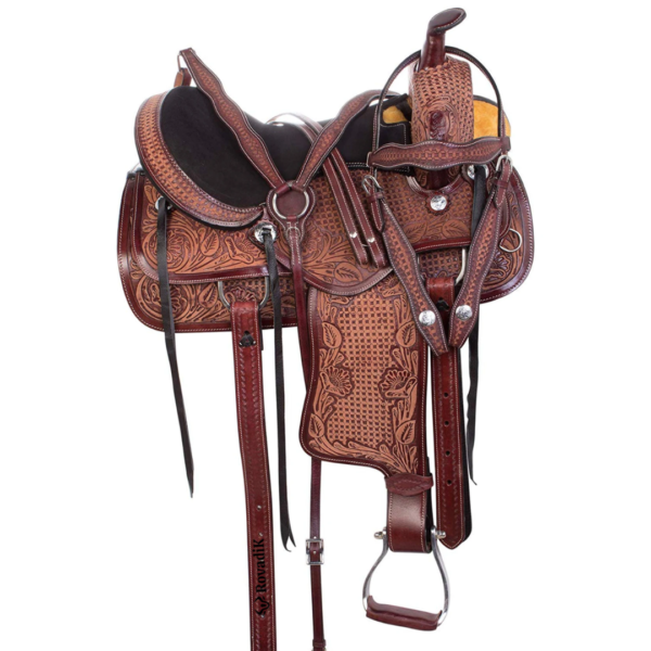 Rovadik Handmade Western Show Saddle Set – Tooled Leather Horse Saddle with Matching Headstall, Breast Collar & Reins – Comfortable Trail & Show Riding