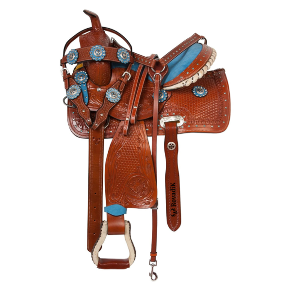 Rovadik Handmade Western Show Saddle Set – Tooled Leather Horse Saddle with Matching Headstall, Breast Collar & Reins – Comfortable Trail & Show Riding