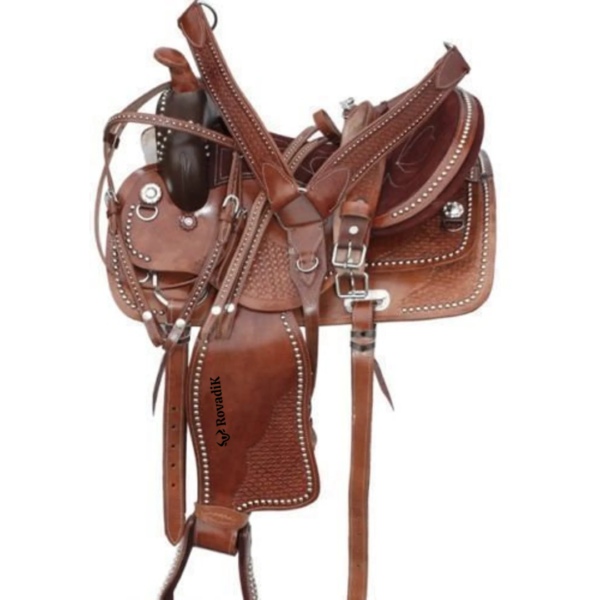 Rovadik Handmade Western Show Saddle Set – Tooled Leather Horse Saddle with Matching Headstall, Breast Collar & Reins – Comfortable Trail & Show Riding