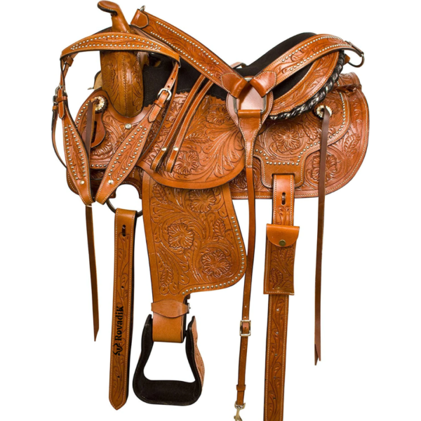 Rovadik Handmade Western Show Saddle Set – Tooled Leather Horse Saddle with Matching Headstall, Breast Collar & Reins – Comfortable Trail & Show Riding