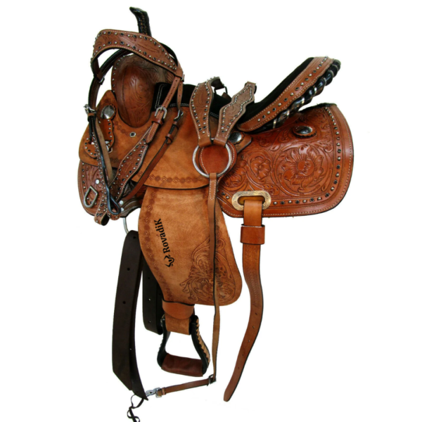 Rovadik Handmade Western Show Saddle Set – Tooled Leather Horse Saddle with Matching Headstall, Breast Collar & Reins – Comfortable Trail & Show Riding