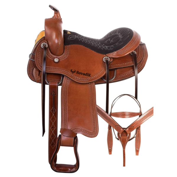 Rovadik Handmade Western Show Saddle Set – Tooled Leather Horse Saddle with Matching Headstall, Breast Collar & Reins – Comfortable Trail & Show Riding