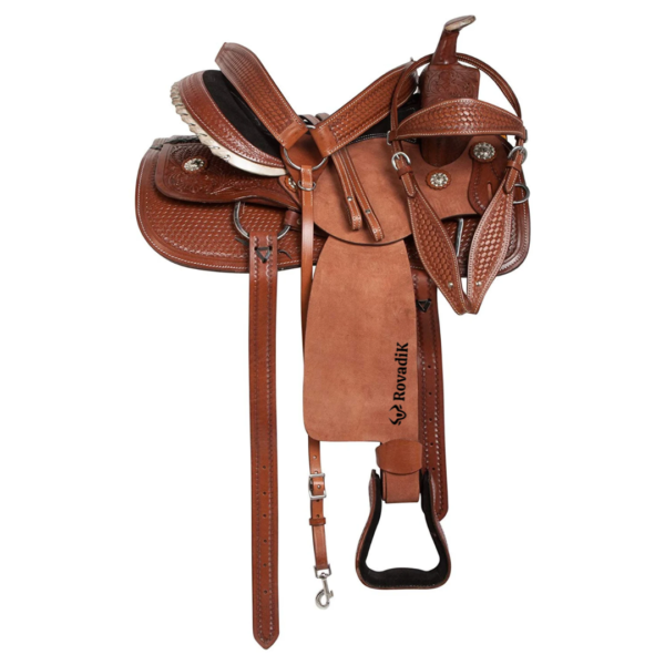 Rovadik Handmade Western Show Saddle Set – Tooled Leather Horse Saddle with Matching Headstall, Breast Collar & Reins – Comfortable Trail & Show Riding
