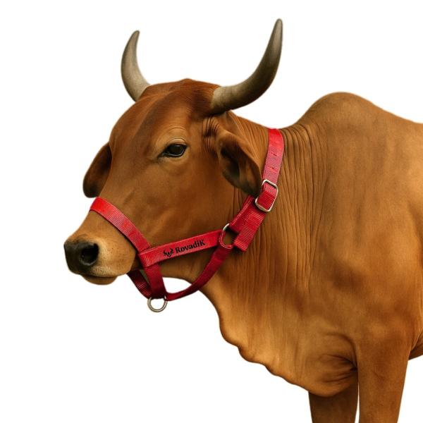 Rovadik Nylon Cow Halter (Morkhi/Mohri/Mohra)-Adjustable Head Collar for Cows, Buffaloes, Cattle, Heavy-Duty Hardware- Ideal for Farming, Ranching and Behaviour Training (Red)