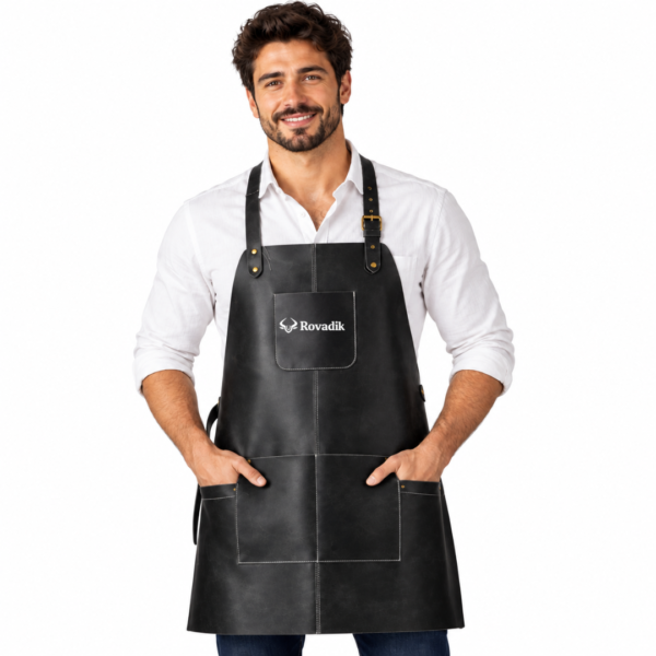 Rovadik Genuine Leather Personalised Apron for Men & Women – Heavy-Duty Work Apron with Adjustable Straps & Multiple Pockets for Welding, Woodworking, Workshop, Crafting & Barbeque