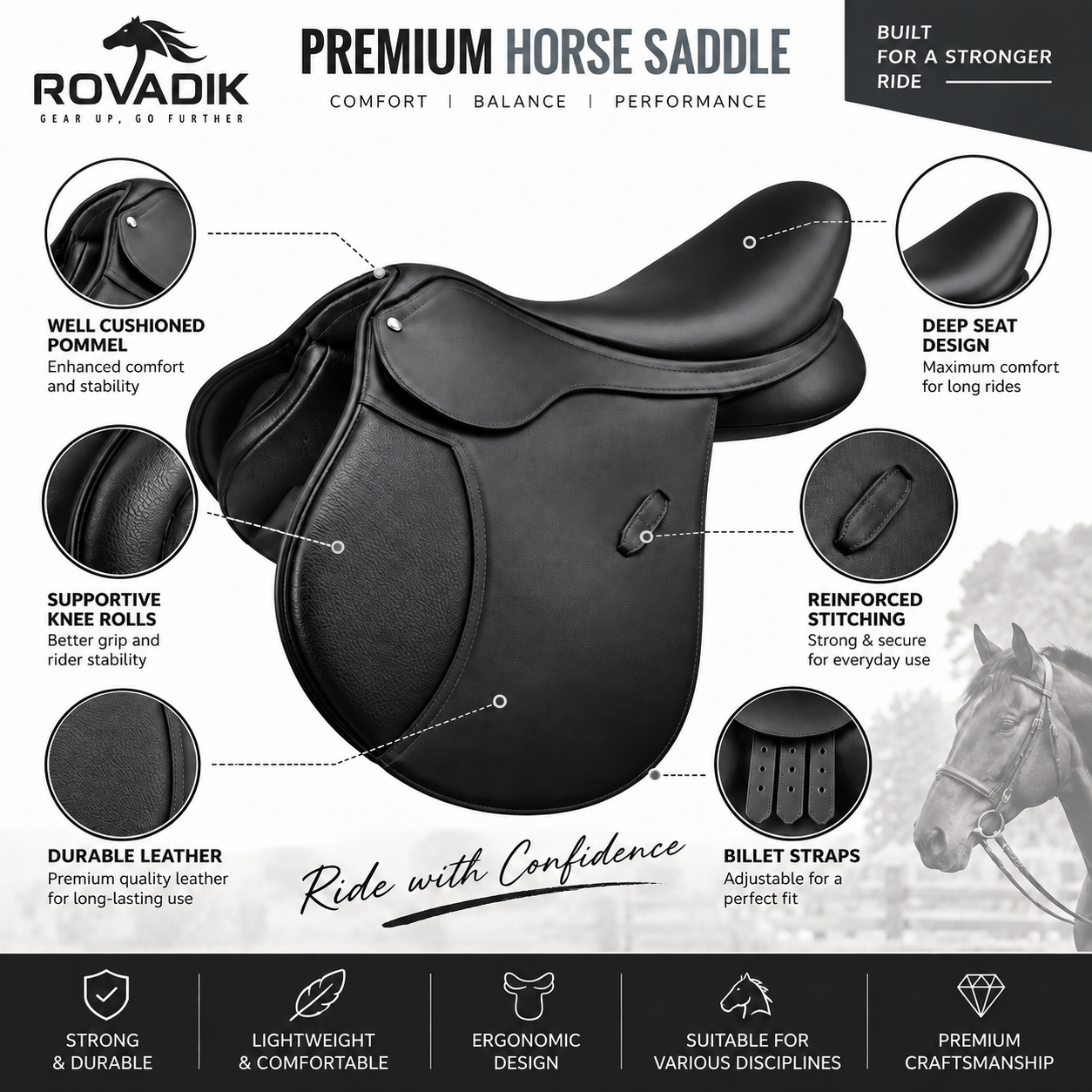 Rovadik Genuine Leather All Purpose Jumping English Horse Saddle Set with Bridle and Reins, Saddle Pad, Stirrup, Stirrup Leather, Horse Bit and Horse Girth - Image 5