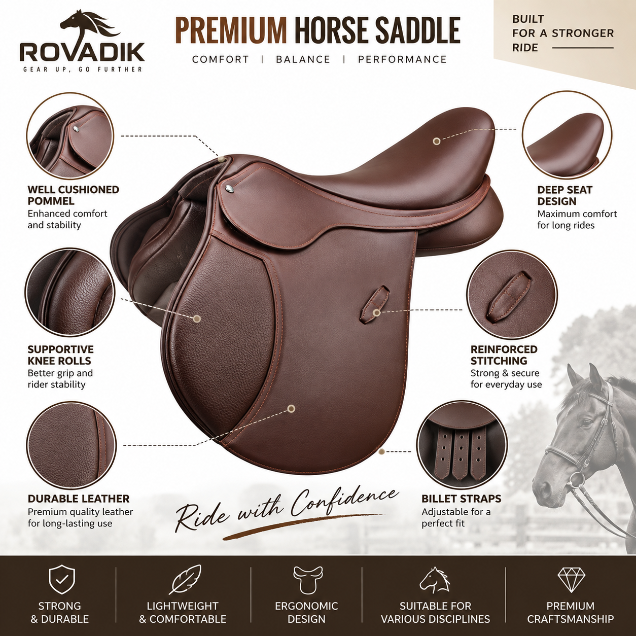 Rovadik Genuine Leather All Purpose Jumping English Horse Saddle Set with Bridle and Reins, Saddle Pad, Stirrup, Stirrup Leather, Horse Bit and Horse Girth - Image 4
