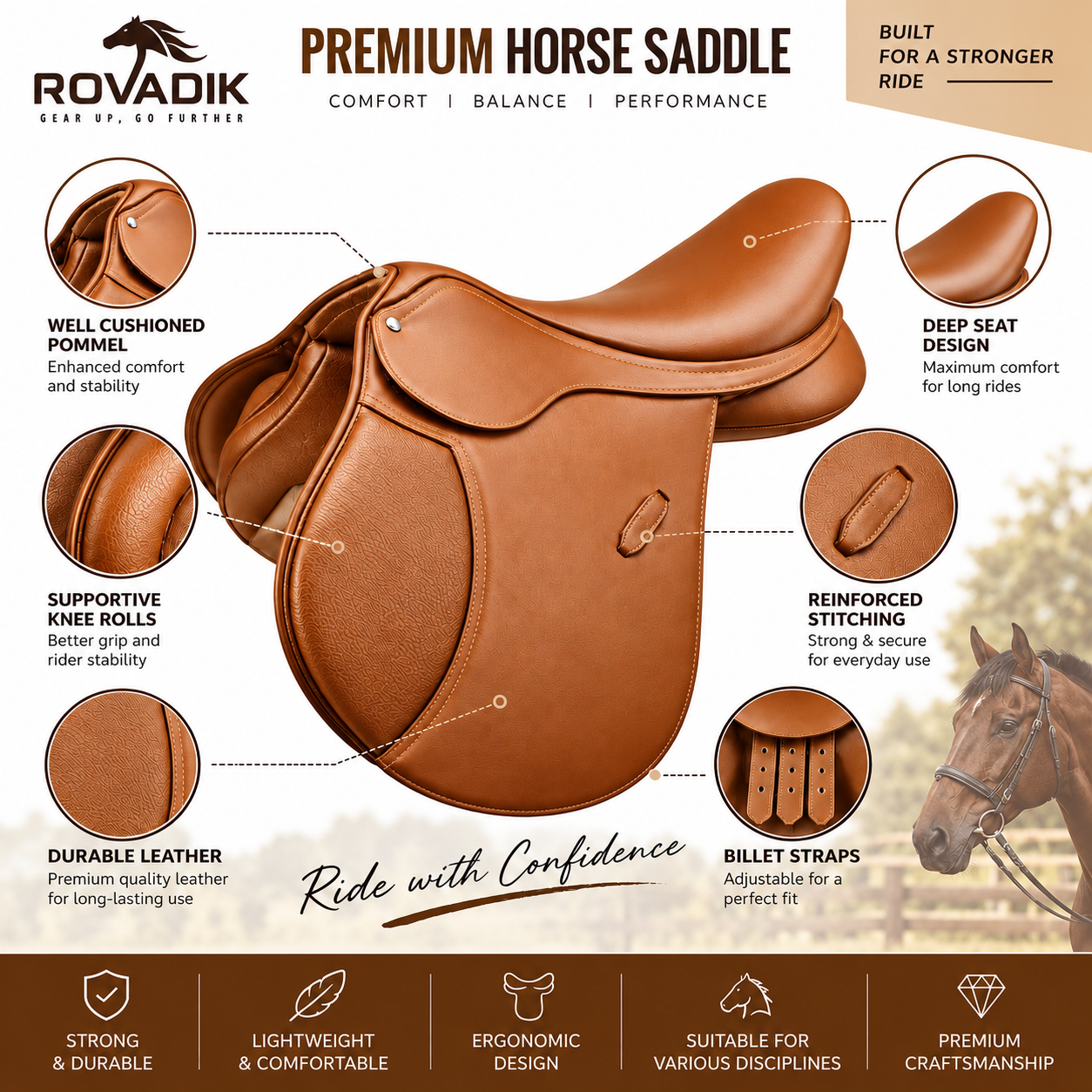 Rovadik Genuine Leather All Purpose Jumping English Horse Saddle Set with Bridle and Reins, Saddle Pad, Stirrup, Stirrup Leather, Horse Bit and Horse Girth - Image 6