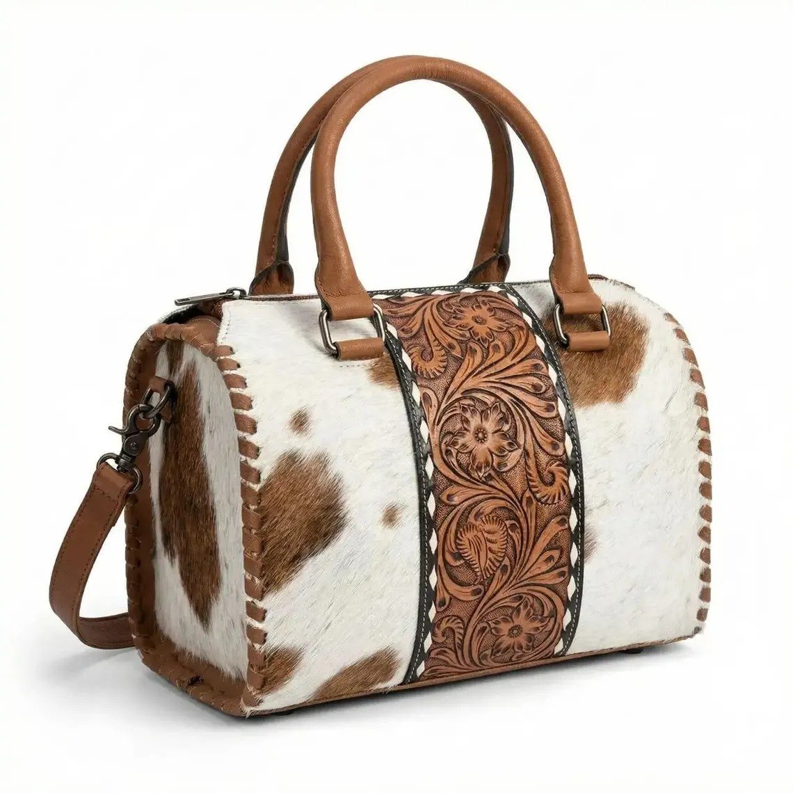 Rovadik Cowhide Speedy Bag Leather Western Duffle Bag – Tooled Floral Travel Handbag - Image 5