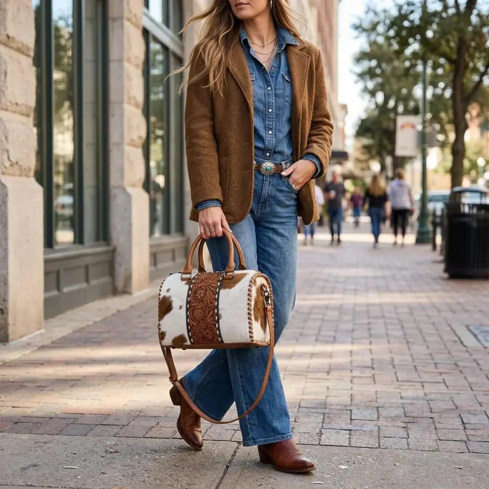 Rovadik Cowhide Speedy Bag Leather Western Duffle Bag – Tooled Floral Travel Handbag - Image 3