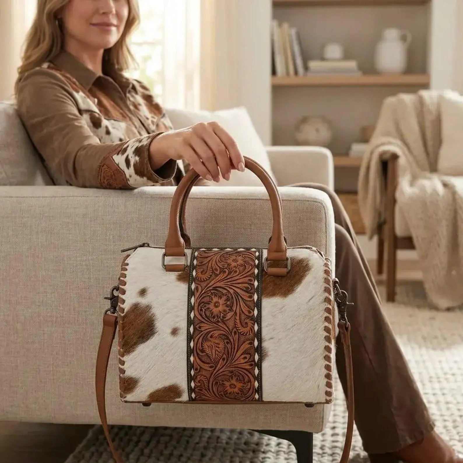 Rovadik Cowhide Speedy Bag Leather Western Duffle Bag – Tooled Floral Travel Handbag - Image 2