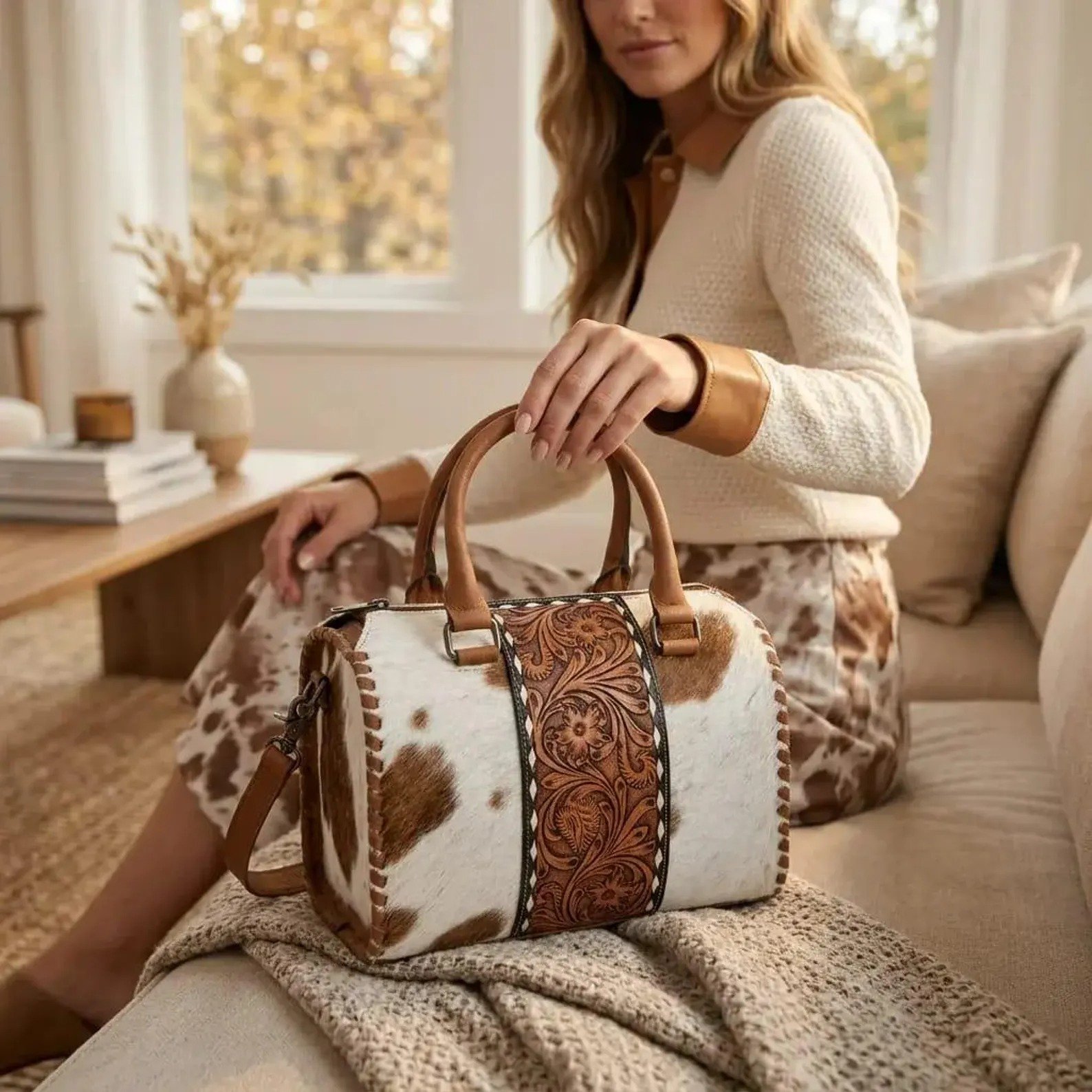 Rovadik Cowhide Speedy Bag Leather Western Duffle Bag – Tooled Floral Travel Handbag - Image 6