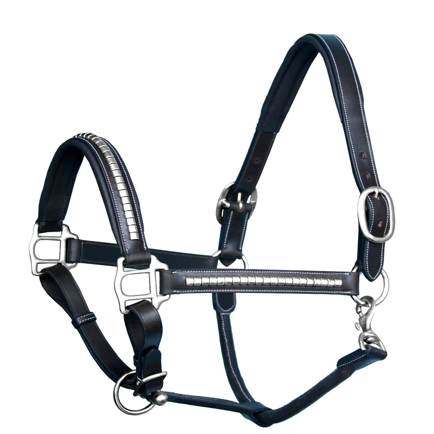 Rovadik Horse Halter for Riding Training Grooming Leading and Horse Handling | Brass Clincher Studded on Cheek Pieces & Noseband & Soft Padding Gold Brass Double Buckles Detachable Crown Piece Premium Horse Halter - Image 1
