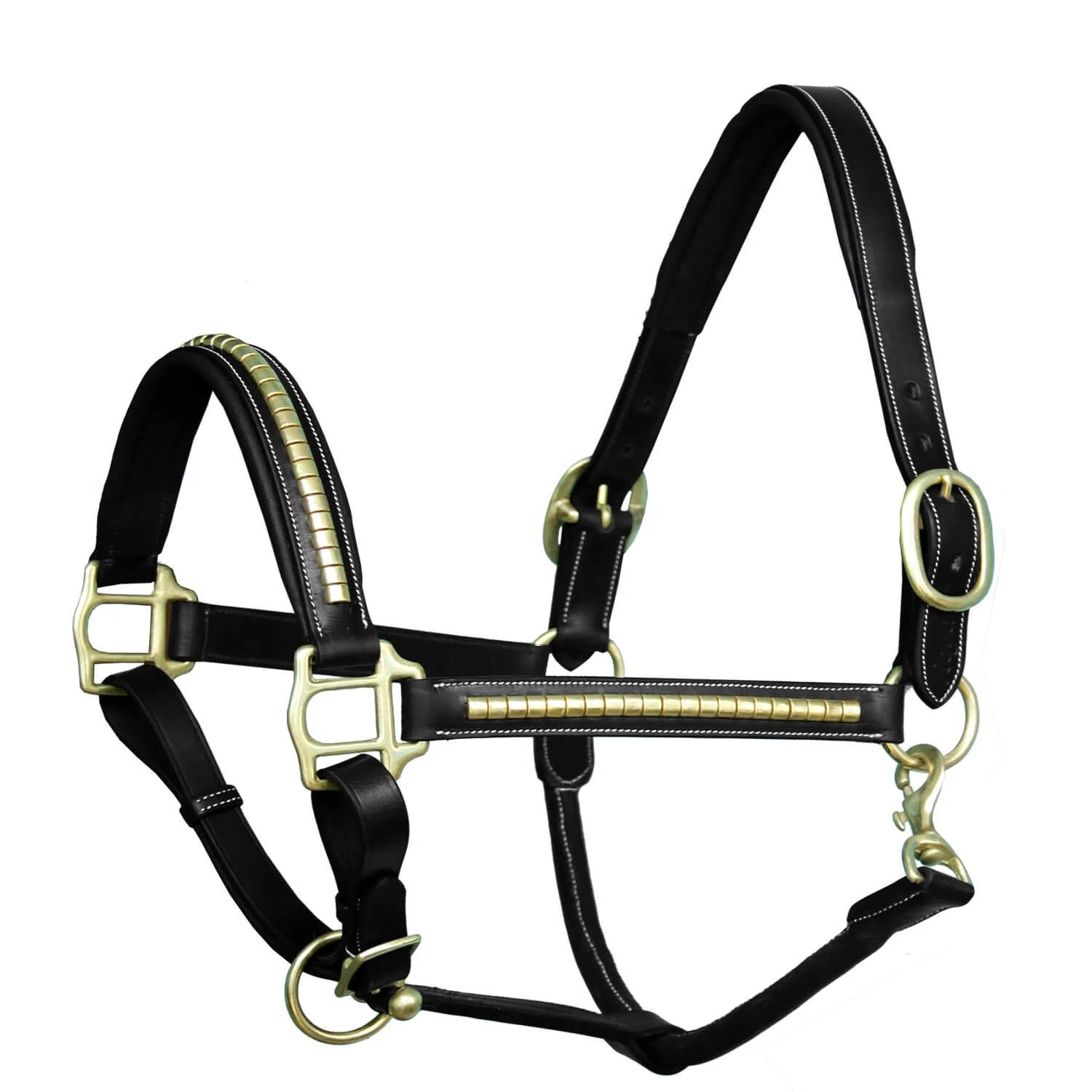 Rovadik Horse Halter for Riding Training Grooming Leading and Horse Handling | Brass Clincher Studded on Cheek Pieces & Noseband & Soft Padding Gold Brass Double Buckles Detachable Crown Piece Premium Horse Halter - Image 3