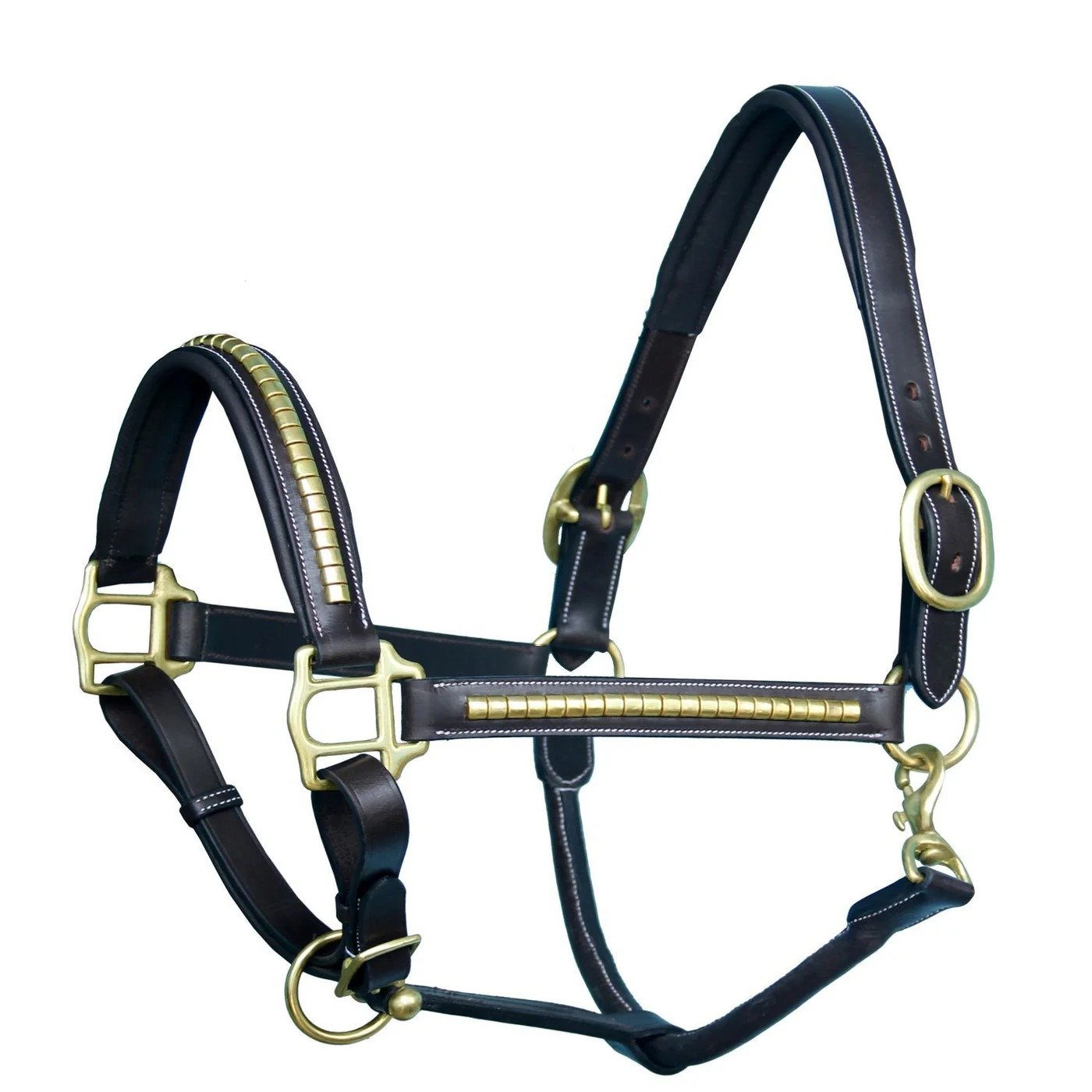 Rovadik Horse Halter for Riding Training Grooming Leading and Horse Handling | Brass Clincher Studded on Cheek Pieces & Noseband & Soft Padding Gold Brass Double Buckles Detachable Crown Piece Premium Horse Halter - Image 4