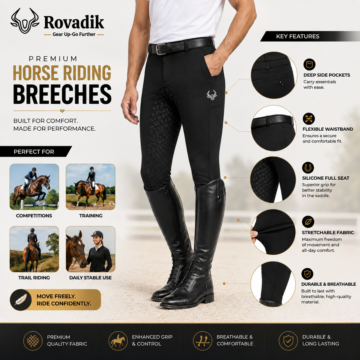 Rovadik Horse Riding Breeches with Silicone - Better Grip - Anti Slip-Comfortable and Four-Way Stretchable Fabric- Suitable for Horse Riders-for Men (Black) - Image 4