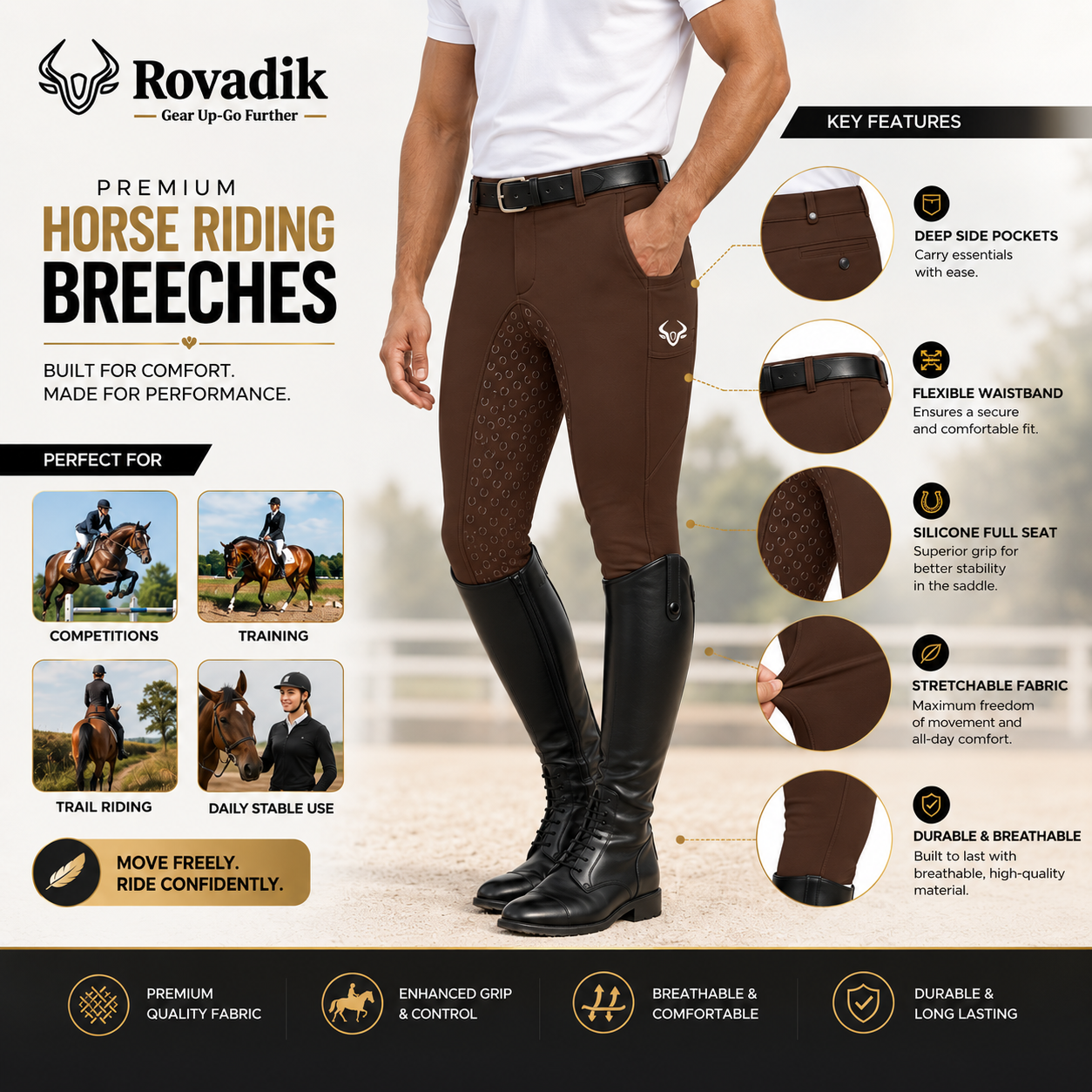 Rovadik Horse Riding Breeches with Silicone - Better Grip - Anti Slip-Comfortable and Four-Way Stretchable Fabric- Suitable for Horse Riders-for Men (Dark Brown) - Image 4
