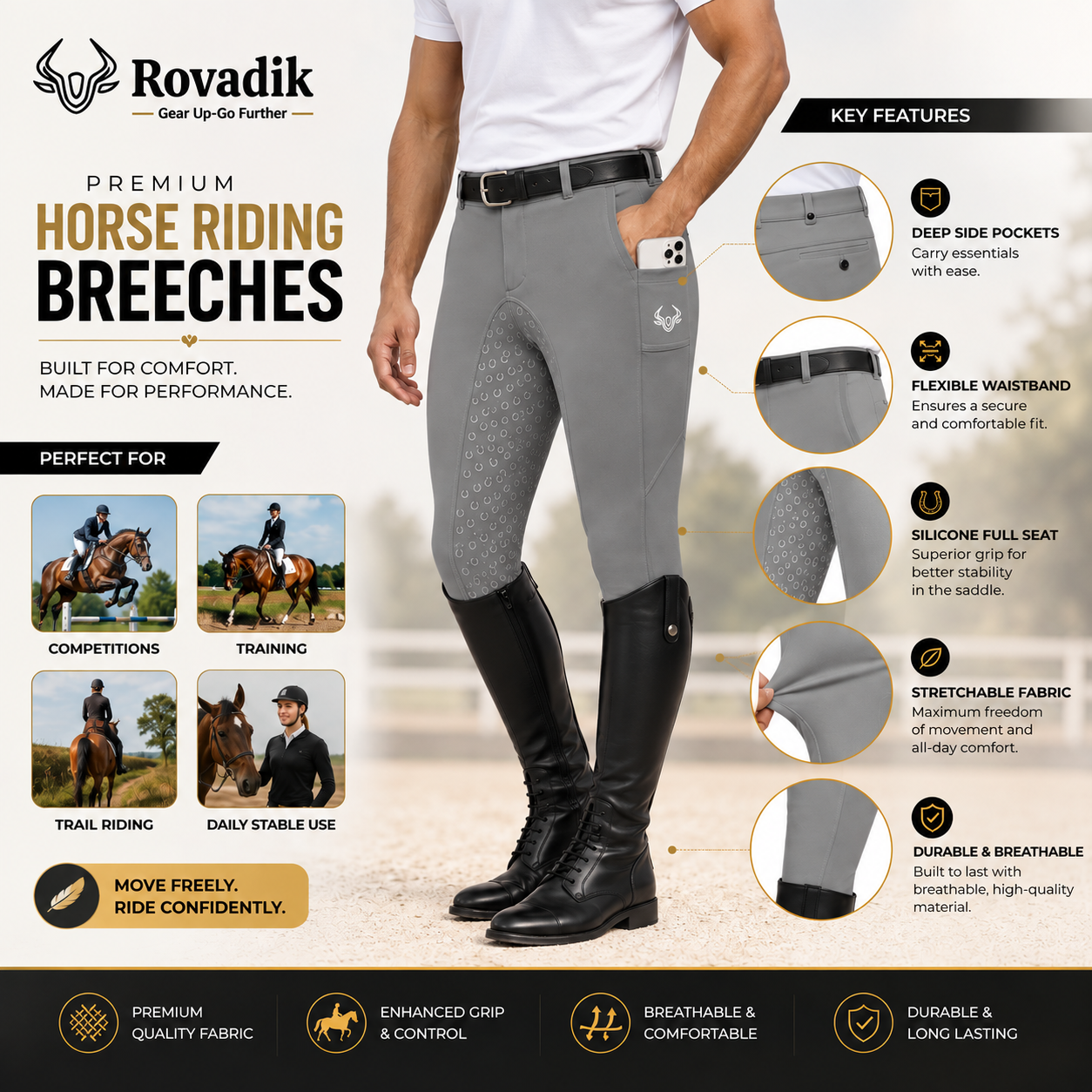 Rovadik Horse Riding Breeches with Silicone - Better Grip - Anti Slip-Comfortable and Four-Way Stretchable Fabric- Suitable for Horse Riders-for Men (Grey) - Image 4