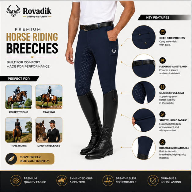 Rovadik Horse Riding Breeches with Silicone - Better Grip - Anti Slip-Comfortable and Four-Way Stretchable Fabric- Suitable for Horse Riders-for Men (Navy Blue) - Image 4