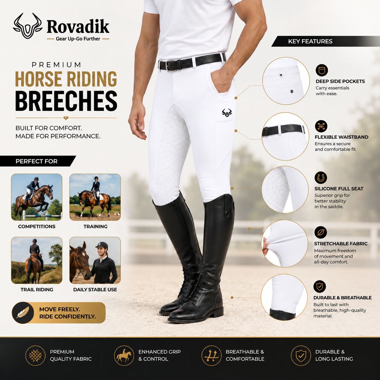 Rovadik Horse Riding Breeches with Silicone - Better Grip - Anti Slip-Comfortable and Four-Way Stretchable Fabric- Suitable for Horse Riders-for Men (White) - Image 4