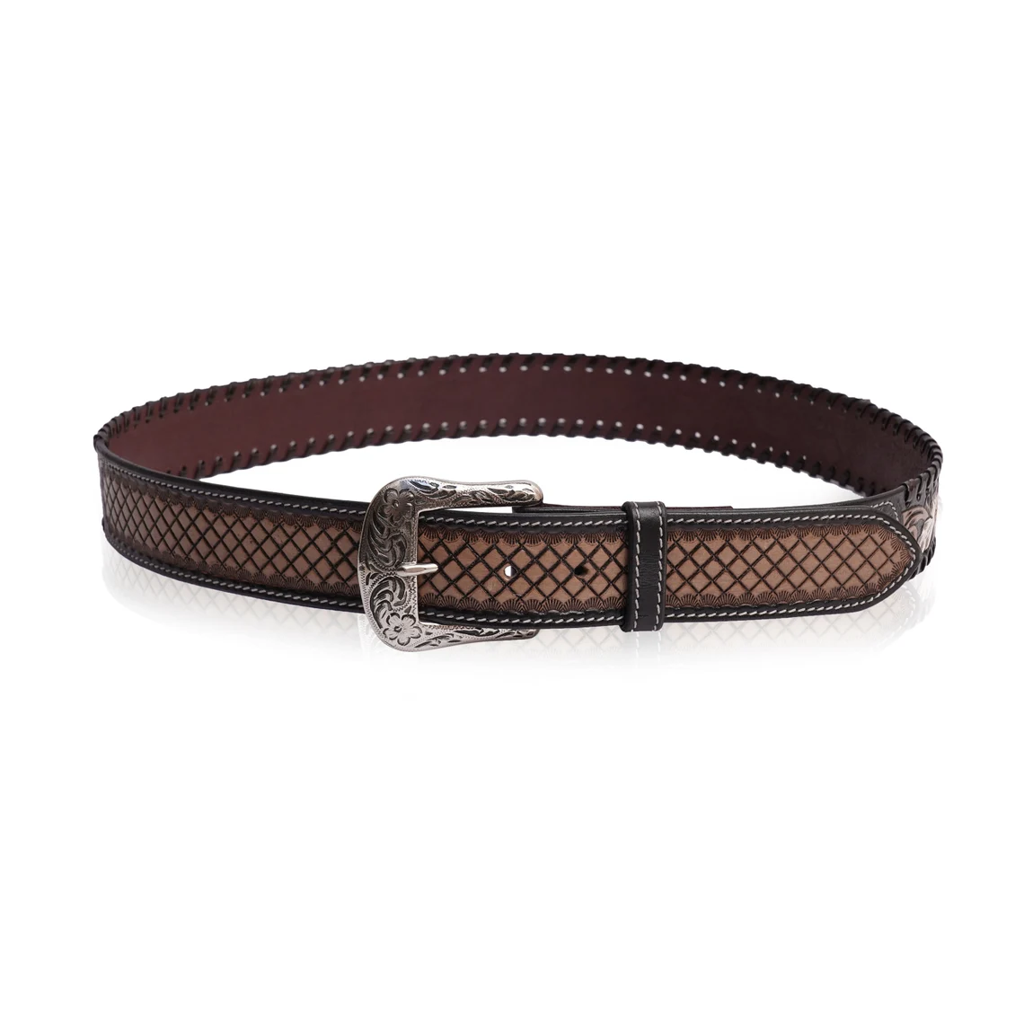 Rovadik Handtooled Floral Basket Western Leather Belt for Men and Women | Genuine Full Grain Leather Cowboy Belt with Handcrafted Design | Vintage Engraved Metal Buckle | Casual, Jeans Wear - Image 2