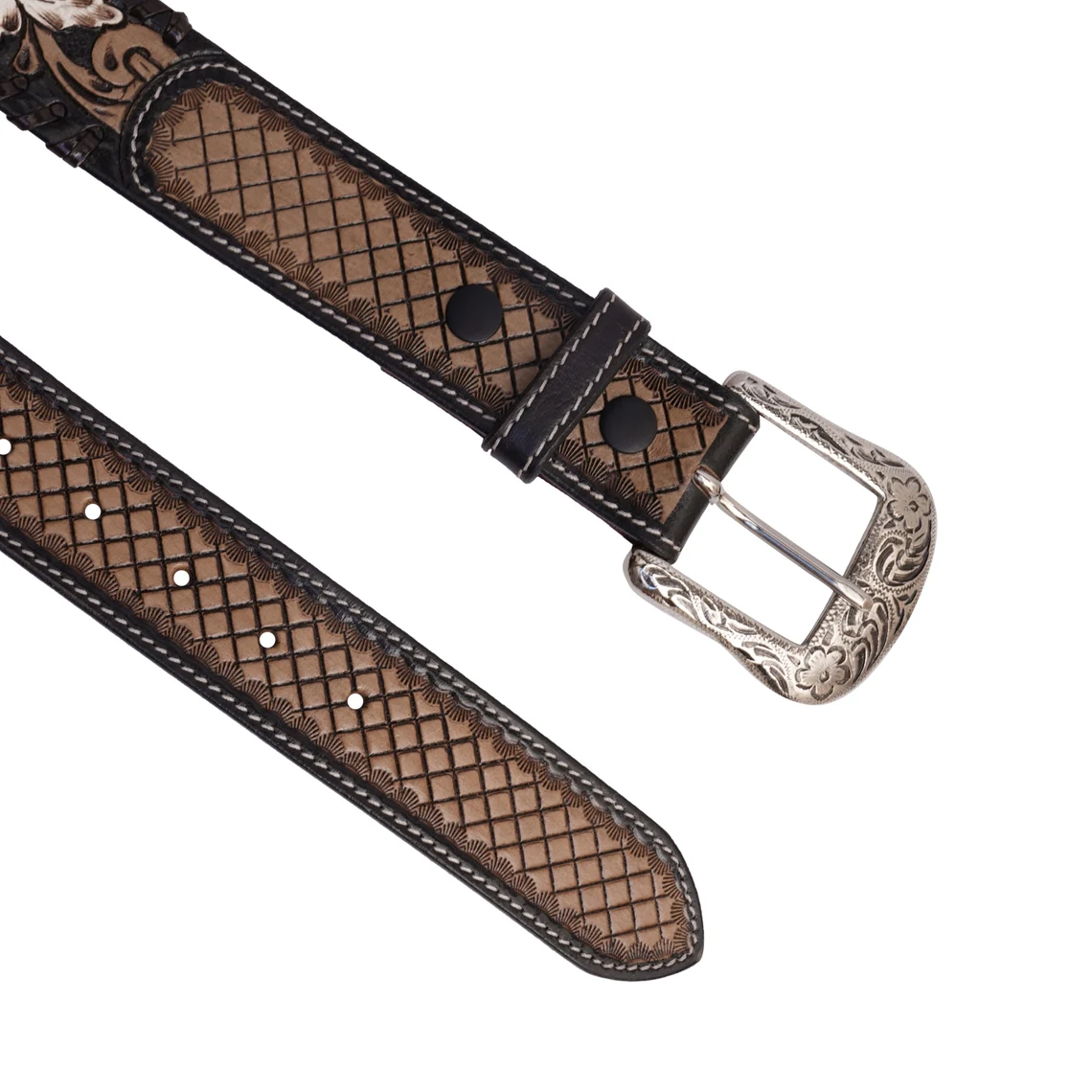 Rovadik Handtooled Floral Basket Western Leather Belt for Men and Women | Genuine Full Grain Leather Cowboy Belt with Handcrafted Design | Vintage Engraved Metal Buckle | Casual, Jeans Wear - Image 4