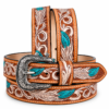 Rovadik Handtooled Turquoise Feather Western Leather Belt for Men and Women | Genuine Full Grain Leather Cowboy Belt with Handcrafted Design | Vintage Engraved Metal Buckle | Casual, Jeans Wear - Thumbnail Image 1