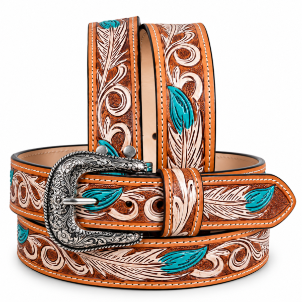 Rovadik Handtooled Turquoise Feather Western Leather Belt for Men and Women | Genuine Full Grain Leather Cowboy Belt with Handcrafted Design | Vintage Engraved Metal Buckle | Casual, Jeans Wear