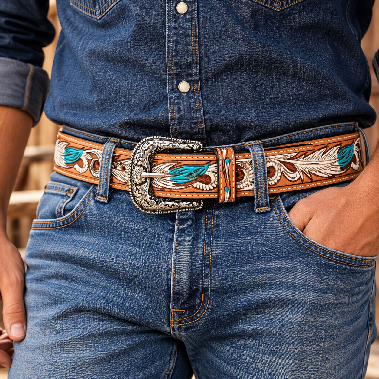 Rovadik Handtooled Turquoise Feather Western Leather Belt for Men and Women | Genuine Full Grain Leather Cowboy Belt with Handcrafted Design | Vintage Engraved Metal Buckle | Casual, Jeans Wear - Image 3