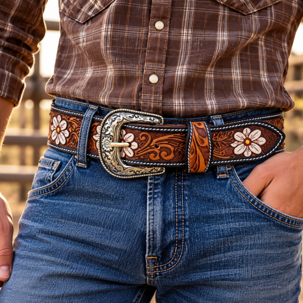 Rovadik Handtooled Floral Western Leather Belt for Men and Women | Genuine Full Grain Leather Cowboy Belt with Handcrafted Design | Vintage Engraved Metal Buckle | Casual, Jeans Wear