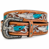 Rovadik Handtooled Turquoise Feather Western Leather Belt for Men and Women | Genuine Full Grain Leather Cowboy Belt with Handcrafted Design | Vintage Engraved Metal Buckle | Casual, Jeans Wear - Thumbnail Image 2