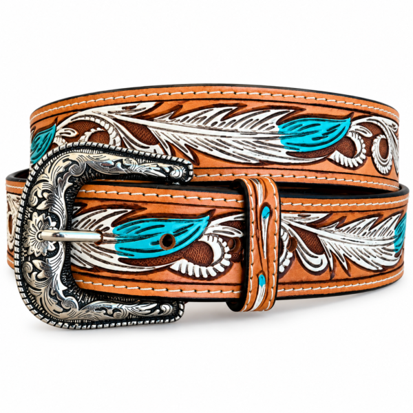Rovadik Handtooled Turquoise Feather Western Leather Belt for Men and Women | Genuine Full Grain Leather Cowboy Belt with Handcrafted Design | Vintage Engraved Metal Buckle | Casual, Jeans Wear