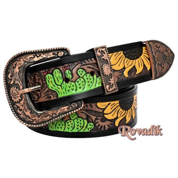 Rovadik Handtooled Western Leather Belt for Men and Women | Genuine Full Grain Leather Cowboy Belt with Handcrafted Design | Vintage Engraved Metal Buckle | Casual, Jeans Wear