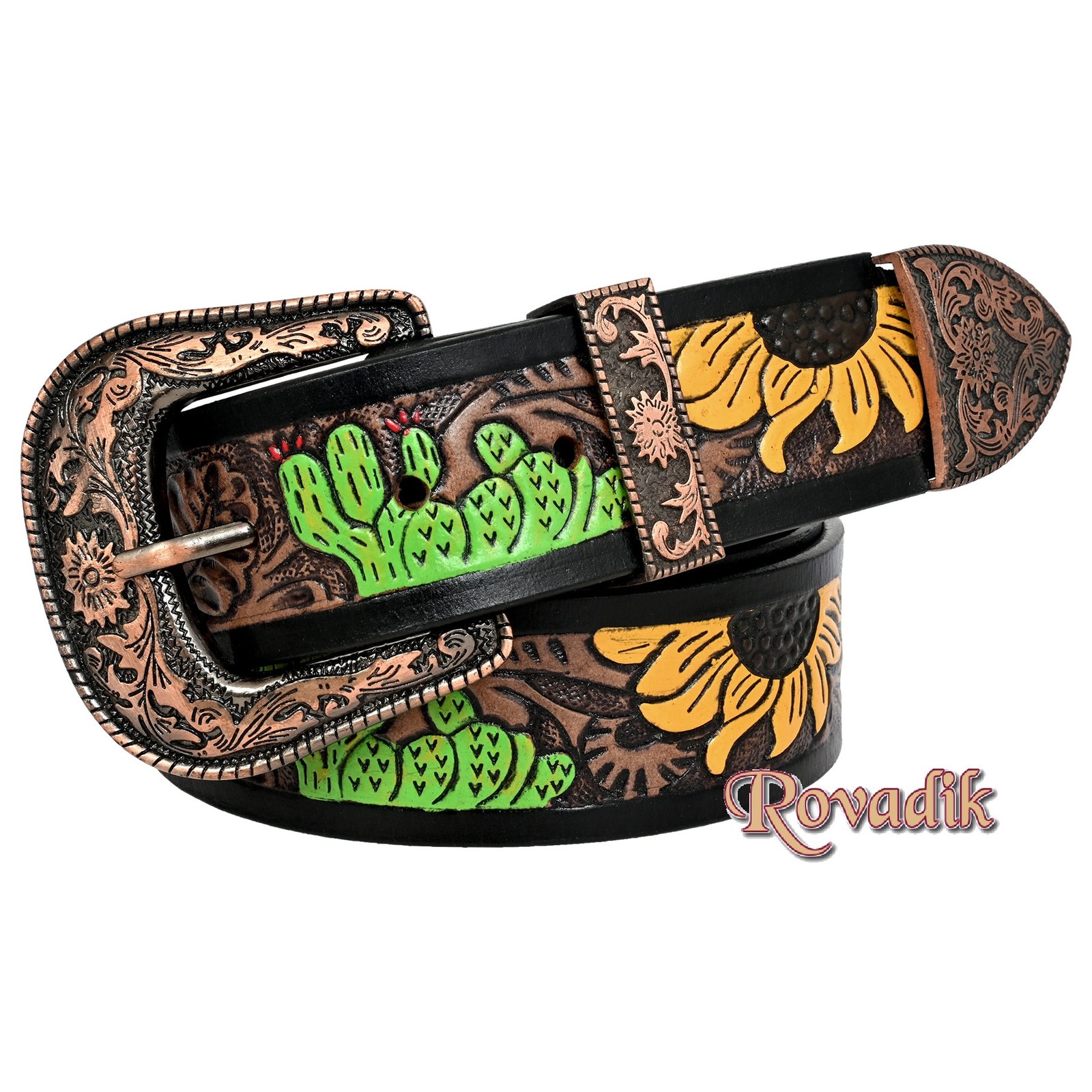 Rovadik Handtooled Western Leather Belt for Men and Women | Genuine Full Grain Leather Cowboy Belt with Handcrafted Design | Vintage Engraved Metal Buckle | Casual, Jeans Wear - Image 1