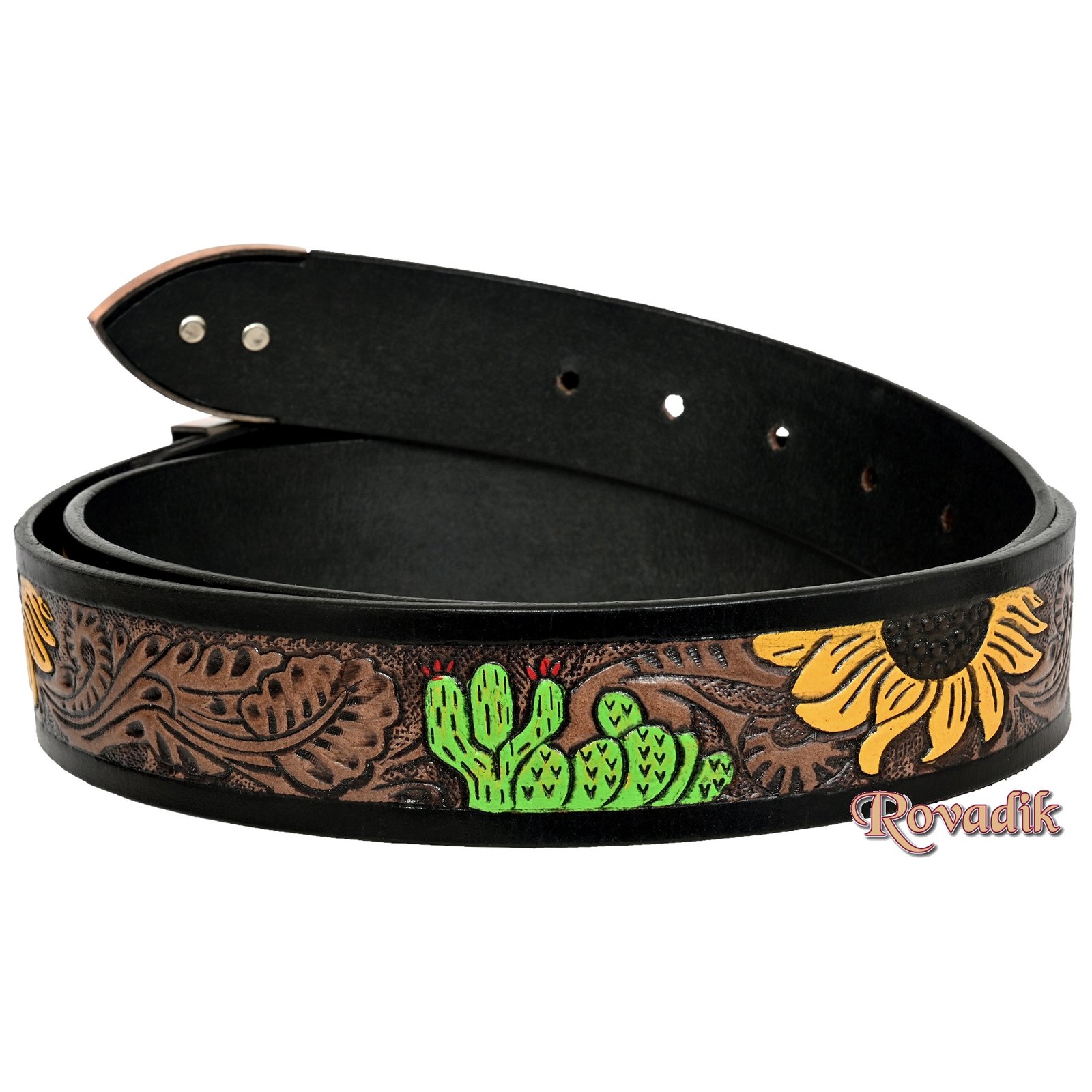 Rovadik Handtooled Western Leather Belt for Men and Women | Genuine Full Grain Leather Cowboy Belt with Handcrafted Design | Vintage Engraved Metal Buckle | Casual, Jeans Wear - Image 4