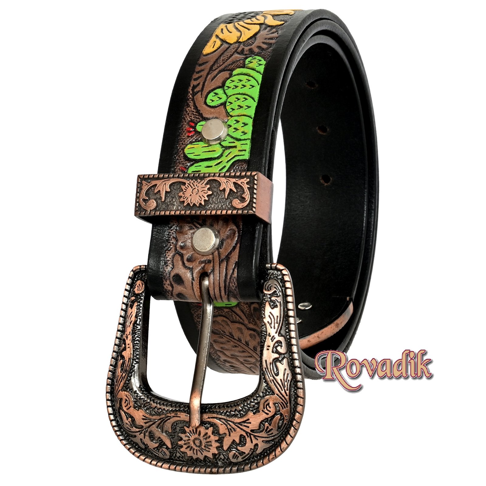 Rovadik Handtooled Western Leather Belt for Men and Women | Genuine Full Grain Leather Cowboy Belt with Handcrafted Design | Vintage Engraved Metal Buckle | Casual, Jeans Wear - Image 3