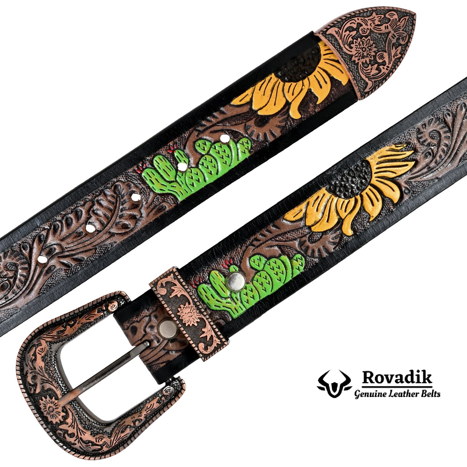 Rovadik Handtooled Western Leather Belt for Men and Women | Genuine Full Grain Leather Cowboy Belt with Handcrafted Design | Vintage Engraved Metal Buckle | Casual, Jeans Wear - Image 8