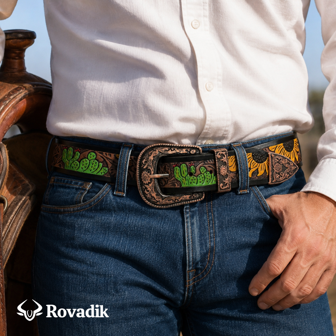 Rovadik Handtooled Western Leather Belt for Men and Women | Genuine Full Grain Leather Cowboy Belt with Handcrafted Design | Vintage Engraved Metal Buckle | Casual, Jeans Wear - Image 2