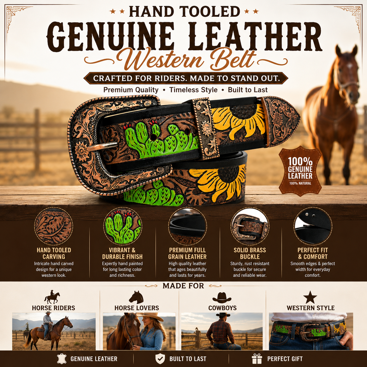 Rovadik Handtooled Western Leather Belt for Men and Women | Genuine Full Grain Leather Cowboy Belt with Handcrafted Design | Vintage Engraved Metal Buckle | Casual, Jeans Wear - Image 6